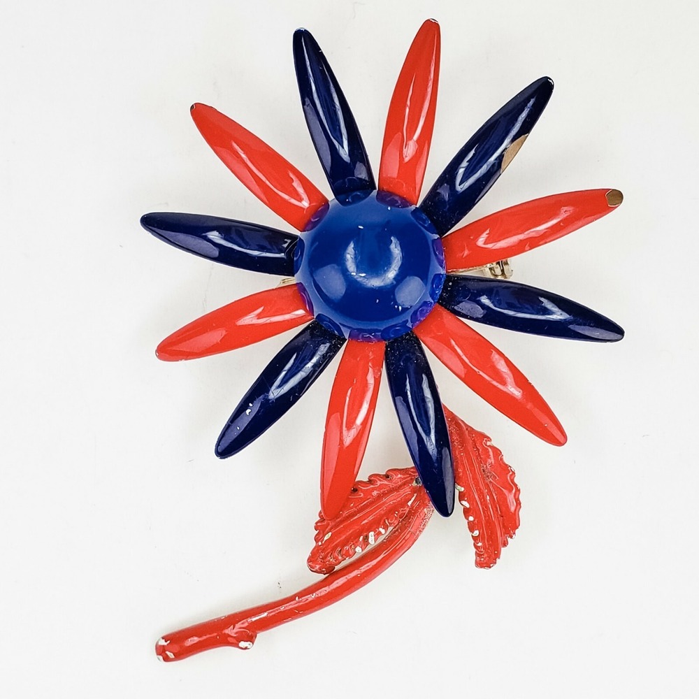 Vintage Flower Brooch Enamel Red Blue Vintage Mid Century Floral Pin
